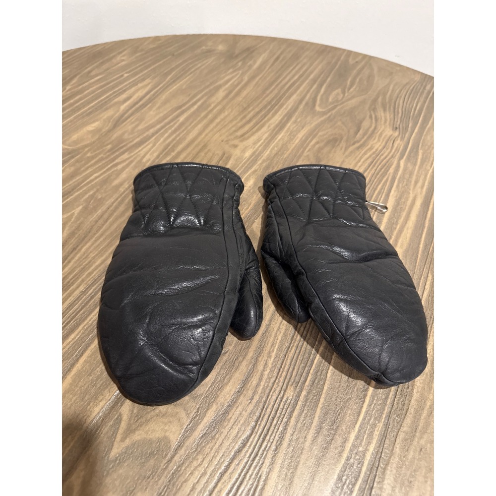 Vintage Quilted Leather Mittens Men's Medium Sherpa Lined Black Cold Weather